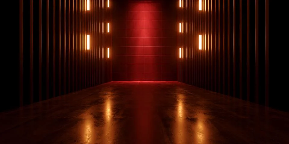 Futuristic Neon Glowing Sci Fi Futuristic High Ceiling Warehouse Garage Sta.. Illustrazione stock