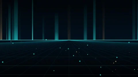 Futuristic neon grid landscape with glowing light beams. Stock Footage 342524974