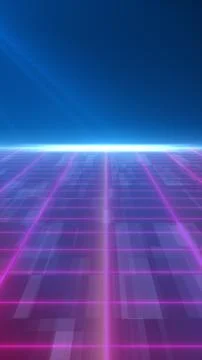 Futuristic neon grid landscape with glowing pink lines and a bright blue ho.. Stockillustratie