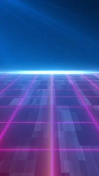 Futuristic neon grid landscape with glowing pink lines and a bright blue ho.. Illustrazione stock