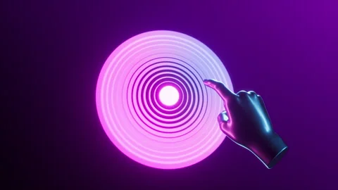 Futuristic neon hand quickly appears and presses a glowing magenta button Stock Footage 323313714