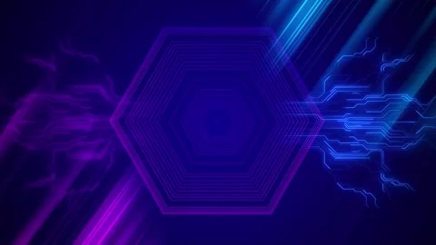 Futuristic Neon hexagon circuit technology background purple and blue glowing li Stock Footage 340400236