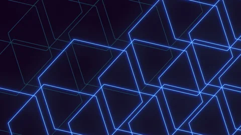 Futuristic neon hexagon grid background with glowing blue lines and depth Stockbeeldmateriaal 330089314