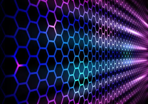 Futuristic neon hexagon grid background with glowing purple and blue perspe.. 스톡 일러스트