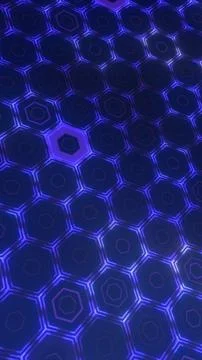 Futuristic neon hexagon grid with glowing blue and purple lines, forming a hi Stock Illustration