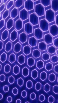 Futuristic neon hexagon grid with glowing purple outlines on blue background, Stock Illustration