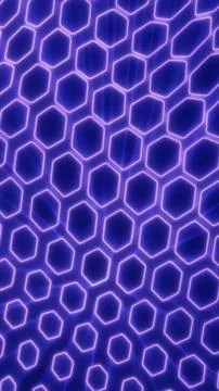 Futuristic neon hexagon grid with glowing purple outlines on blue backgroun.. Stock Illustration