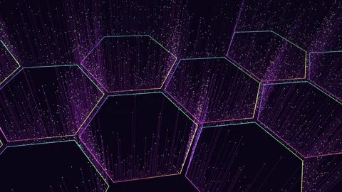 Futuristic neon hexagons pattern with small motion dots and lines Stock Footage 202047715
