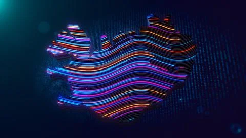Futuristic Neon Iceland Map with Flowing Wavy Digital Lines Background Stock Illustration