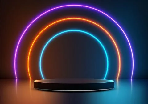 Futuristic neon illuminated circular platform with purple orange blue arche.. Stock Illustration