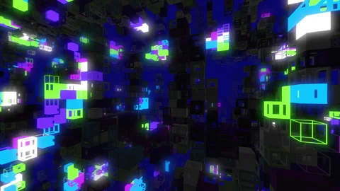 Futuristic neon illuminated cubes VJ seamless loop. Grid structure rotating. Stock Footage 344487113
