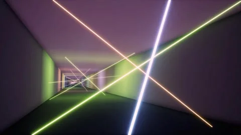 Futuristic neon light beams intersecting in dark corridor Stock Footage 340024791