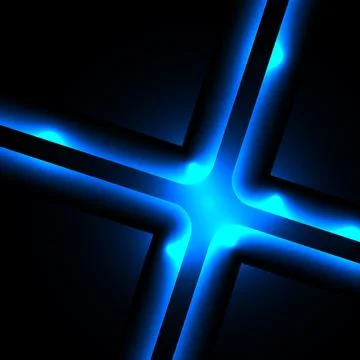 Futuristic neon light lines forming a glowing cross shape over layered blac.. Ilustração Stock