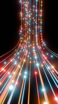 Futuristic Neon Light Trails Converging in Dark Space... Stock Illustration