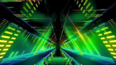 Futuristic neon light trails in digital tunnel. Abstract glowing data flow backg Stock Footage 334281933