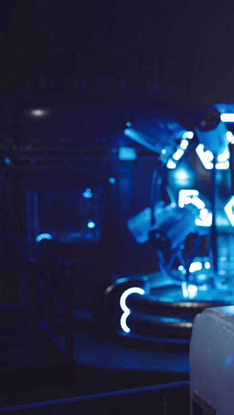 Futuristic neon lit robot exploring a dimly lit space station corridor Stock Footage 331830313