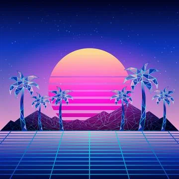 Futuristic neon low poly mountains and palm trees Stock Illustration
