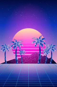 Futuristic neon low poly mountains and palm trees Stock Illustration