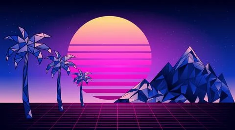 Futuristic neon low poly mountains and palm trees Stock Illustration