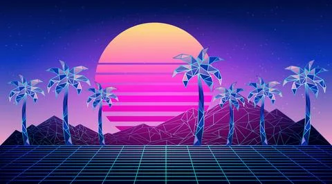 Futuristic neon low poly mountains and palm trees Stock Illustration
