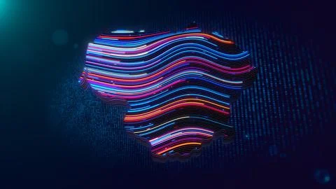 Futuristic Neon Map of Lithuania with Flowing Light Lines Stock Illustration