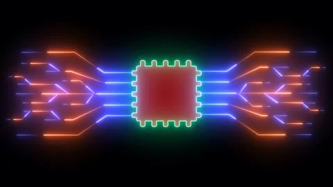 Futuristic Neon Microchip with Glowing Circuit Lines  AI Technology and Dat.. Stock Footage 308905393