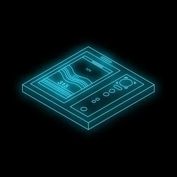 Futuristic neon mobile device displaying data and controls on dark background Stock Illustration