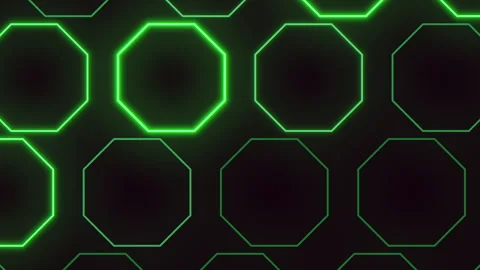Futuristic neon octagon grid background with glowing green geometric shapes Stock Footage 334140589
