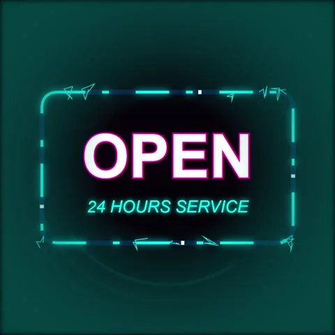 Futuristic Neon Open 24 Hours Service Sign Glowing on Dark Teal Background Stock Footage 346283117