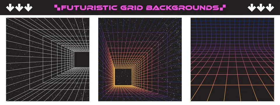 Futuristic neon perspective grid background set. Neon wireframe box with pa.. Stock Illustration