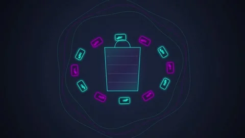 Futuristic Neon Podium with Digital Data Circles and Glowing Icons Stock Footage 348231418