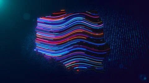 Futuristic Neon Poland Map With Wavy Luminous Data Lines Stock Illustration