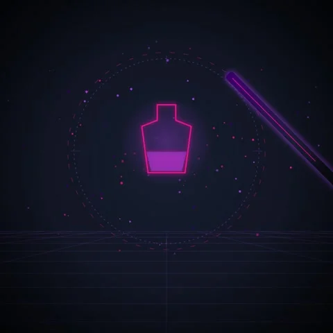 Futuristic Neon Potion Bottle Icon with Digital Grid and Sci-Fi HUD Elements Stock Footage 348199233