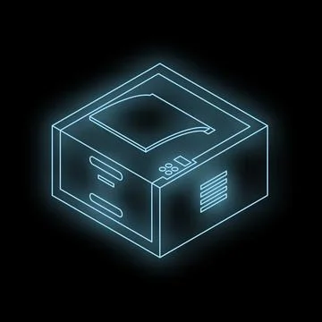 Futuristic neon printer glowing in dark office space Stock Illustration