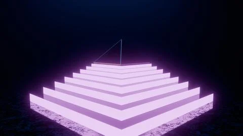 Futuristic Neon Pyramid Structure on Dark Surface with Purple Glow. Stock Illustration