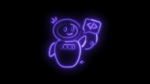 Futuristic neon robot with code speech bubble on a black background for ai .. Stock Footage 330779964