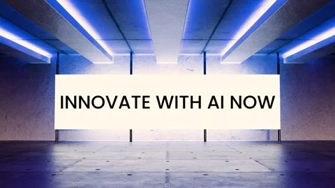 Futuristic neon room with glowing screen flashing "Innovate with AI Now" Stock Footage 312544530