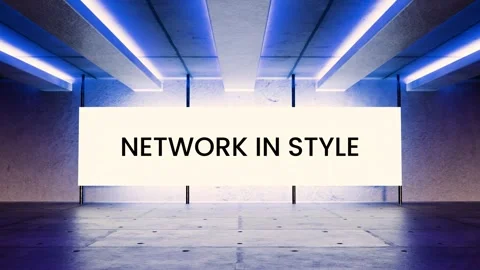 Futuristic neon screen animation with “Network in Style” glowing text Video stock 312544164