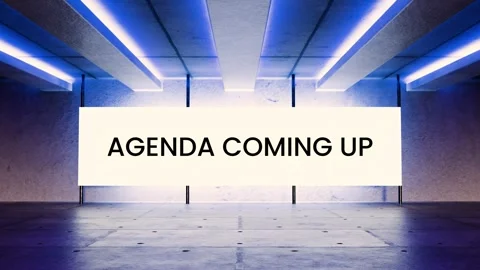 Futuristic neon screen animation showing “Agenda Coming Up” Stock Footage 312544007
