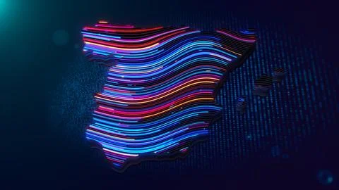 Futuristic Neon Spain Map with Wavy Glowing Lines and Digital Grid Background Stockillustratie