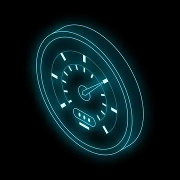 Futuristic neon speedometer showing progress on black background Stock Illustration