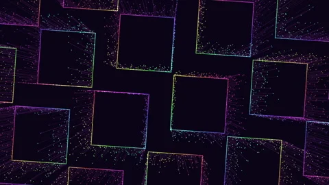 Futuristic neon square frames with particle trails on dark tech background Stock Footage 333188284