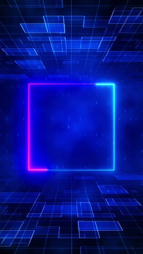 Futuristic neon square tech room cyan magenta glowing frame, blue grid floor, fl Stock Footage 340456853