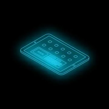 Futuristic neon tablet displaying information on dark background Stock Illustration