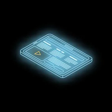 Futuristic neon tablet showing play button and text on dark background Illustrazione stock