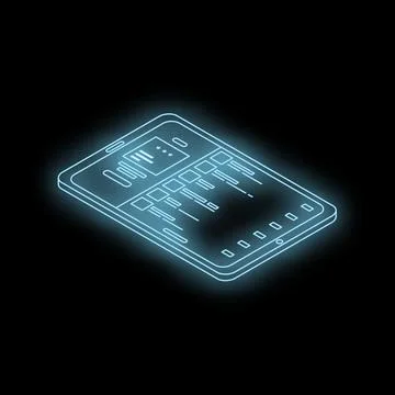 Futuristic neon tablet showing user interface on dark background Stock Illustration
