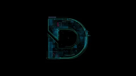 Futuristic Neon Tech Interface with Glowing D Symbol and Digital Patterns Video stock 341917886