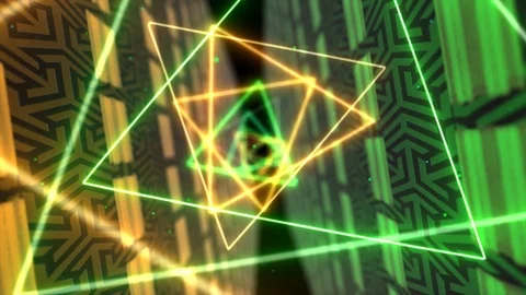 Futuristic neon triangular tunnel. Glowing led light and moving, Stock Footage 114120416