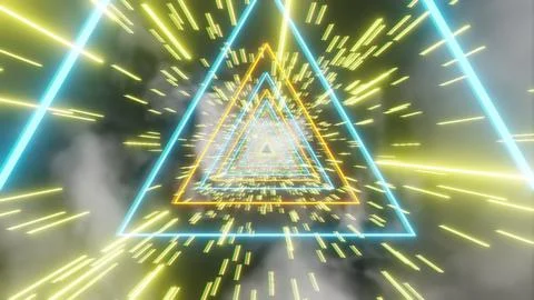 Futuristic Neon Triangular Tunnel with Speeding Light Streaks.. Stock Illustration