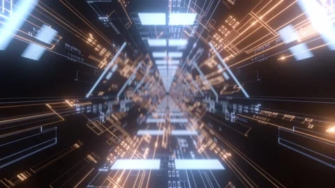 Futuristic Neon Tunnel with Digital Grid Lines Stock Footage 305397645